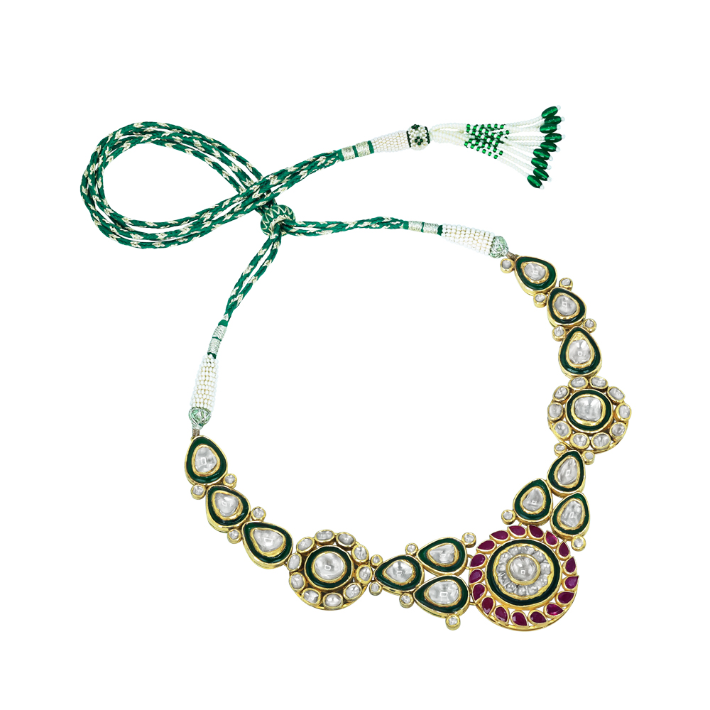 Polki Necklace with Red Rubies and Green Enamel